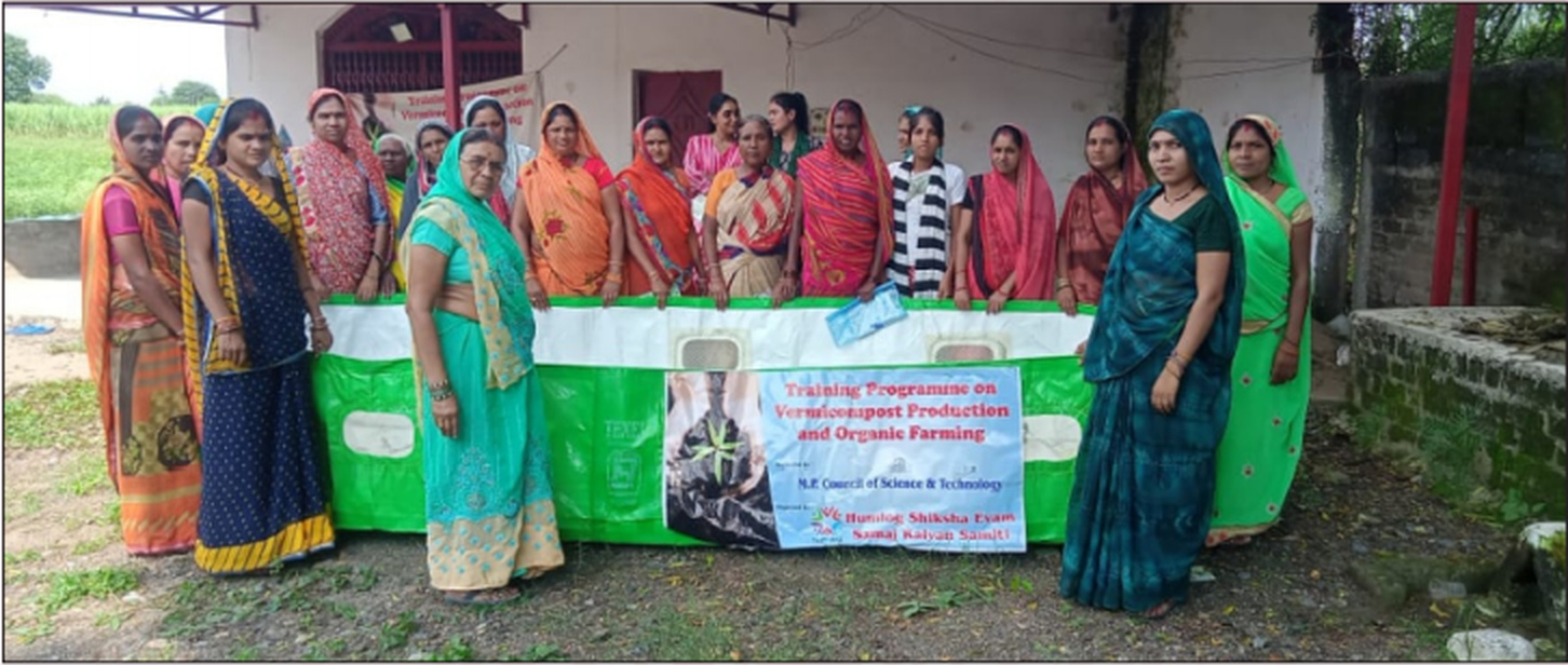 Women participating in vermicompost production and organic farming training in Narsinghpur.